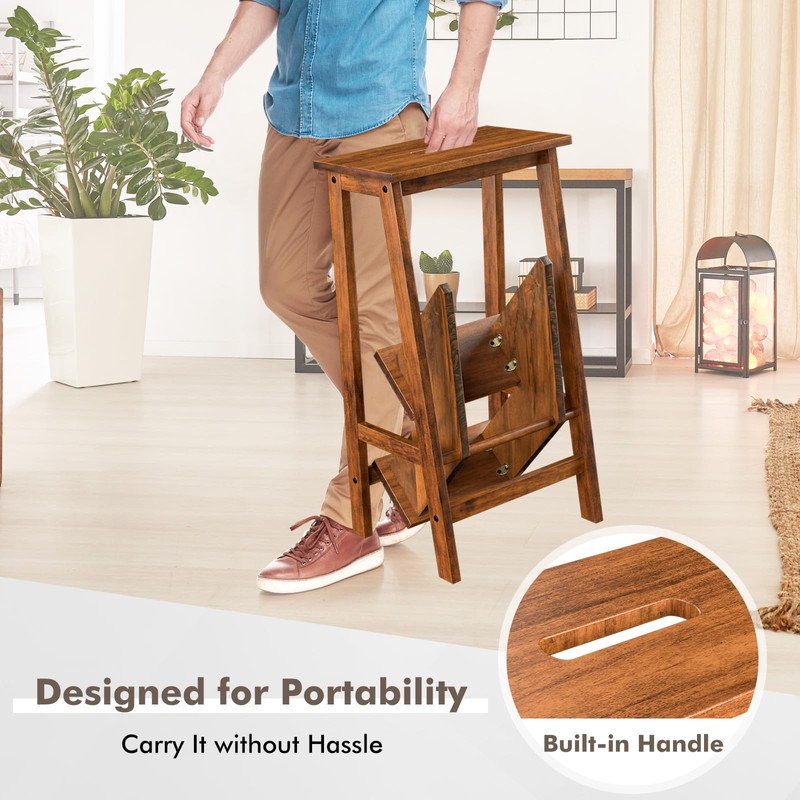 DORTALA 3 Tier Folding Step Stool, Rubber Wood Multifunctional Ladder