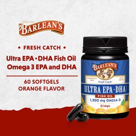 Barlean's Barlean's Fish Oil Omega 3 Supplement, High Potency Ultra EPA DHA Fatty Acid Softgels, 1000mg Orange Flavored Fish Oil Pills, 60 Count