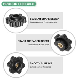 M METERXITY 4-Pack 6 Star Knobs, M5 Female Thread 25mm Hexagon Head Through Hole Clamping Grip Handles for Machinery/Electronic/Woodworking, Brass Screw-On Threaded Knob [Black]