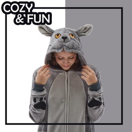 NEWCOSPLAY Unisex Adult Grey Cat Onesie Pajamas Animal One Piece Costume Cosplay Sleepwear (Grey Cat, Large)