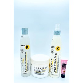 Firenze Professional Keratin Shampoo 10.1fl oz, Mask 13.5 Fl oz & Protein Spray 10.1 Fl Oz - Free Starry Lip Gloss 10ml
