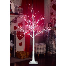 Ruidazon 4 FT Valentines Day Decorations, Lighted Valentines Day Tree with Heart Berry Ornaments 48 Led Red Pink Lights Artificial Birch Tree for Gifts Home Indoor Decoration