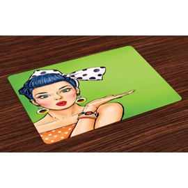 Ambesonne Lips Place Mats Set of 4, Comic Style Pop Art Retro Girl with Blue Hair Polka Dotted Hair Tie Blowing a Kiss, Washable Fabric Placemats for Dining Room Kitchen Table Decor, Multicolor