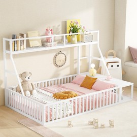 espidoo Full Size Montessori Floor Bed: Metal Kids Bed with Safety Fence & Storage - Modern White Playhouse for Toddlers & Children - Includes Desk & Shelves for Toys & Books - CPC Certified