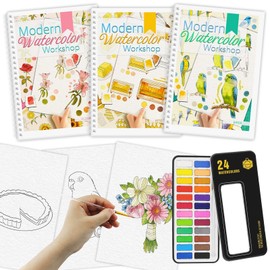 3 Pack Cuaderno de Acuarela para Principiantes con Tutorial Paso a Paso, 36 Páginas de Práctica, 24 Colores de Acuarelas y Pincel, Papel de Acuarela 300gsm/140lb (Temas: Aves, Flores y Cocina)