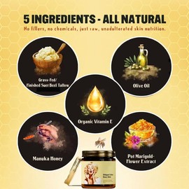 Whipped Beef Tallow Honey Balm, Unscented Organic Face Cream, Tallow Balm All-Natural Moisturizer Hydrates and Nourishes the Skin 4 FL.oz