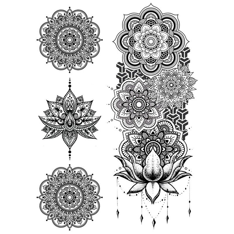 6 Sheets Feather Tattoos Mandala Tattoos Hand Tattoo Set Kira
