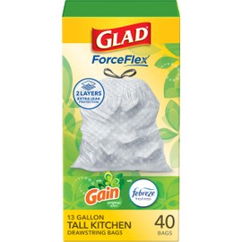Glad ForceFlex Tall Kitchen Trash Bags, 13 Gallon, Gain Original, 40 Count (Package May Vary)