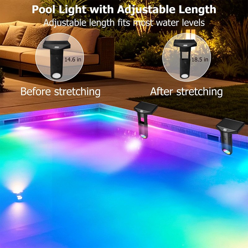 Pool Lights Solar Powered with Temperature Display, Adjustable Length, IP68