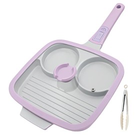 RANX INGST 10 Inch Grill Pan with Lid, 3 Section Nonstick Ceramic Egg Pan with Detachable Handle, Square Grill Skillet All Stove Compatible - Purple