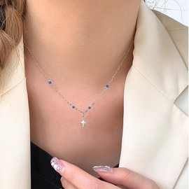 Atentuyi Boho CZ Cross Pendant Necklace Silver Delicate Chain Delicate Necklace Simple Chain Minimalist Necklace Religion Crucifix Necklace Blue Crystal Thin Choker Jewellery Women Girls, Rhinestone