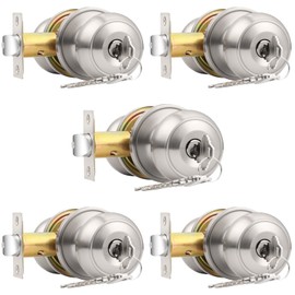 Probrico (5 Pack keyed Alike Locks, Entry Door Knobs Exterior, Entrance Locksets Knobsets in Brushed Nickel, Contractor Pack, Combo Pack, Keyed Hardware