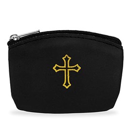 Black Rosary Pouch with Zipper and Gold Cross Imprint - Perfect for Easter, Lent, and Religious Events - Stylish Rosary Case for Men and Women to Keep Beads Safe