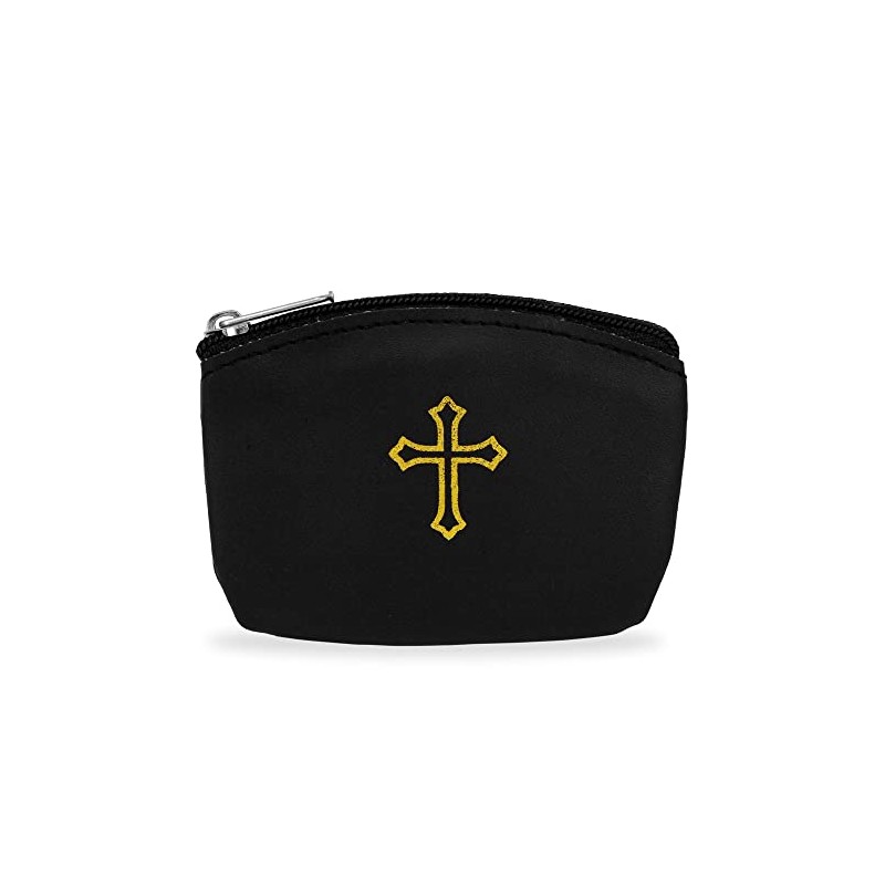 Black Rosary Pouch with Zipper and Gold Cross Imprint -