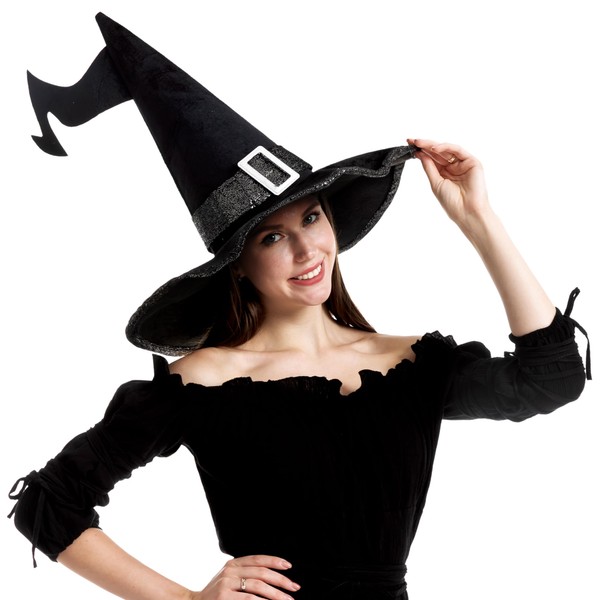 Spooktacular Creations Witch Hat with fixed buckle for Women, Black Large Ruched Witch Hat, Buckle Witches Hat for Halloween Costume Party, School Role Playing, Themed Parties
