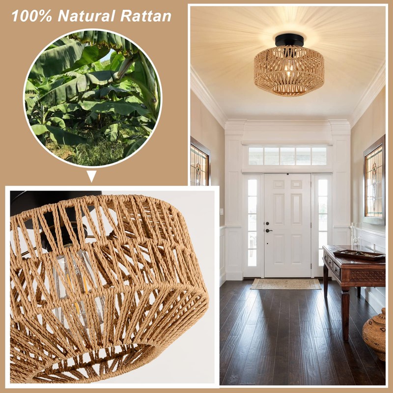 Jobtical Boho Light Fixtures Ceiling Mount,Mini Rattan Chandelier Light Fixture