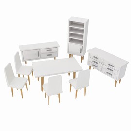 iLAND Dollhouse Furniture on 1/12 Scale of Dining-Room, Wooden Doll House Furniture Miniature of Table Chair & Cabinet (Modern Miniature Furniture 8pcs)