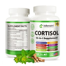 Ashenutri 10-in-1 Cortisol Supplement with Magnesium,Ashwagandha,Rhodiola Rosea,L Theanine,Hormone Balance for Women 120 Vegan Capsules