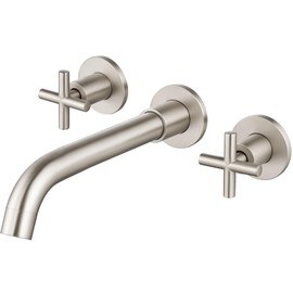 Airuida Brushed Nickel Wall Mount Bathroom Faucet Solid Brass Widespread Wall Mounted Bathroom Sink Faucet 360 Swivel Spout Double Cross Handles Lavatory Basin Sink Mixing Faucet with Rough in Valve