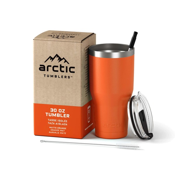 Arctic Tumblers | 30 oz Orange Insulated Tumbler with Straw & Cleaner - Retains Temperature up to 24hrs - Non-Spill Splash Proof Lid, Double Wall Vacuum Technology, BPA Free & Built to Last