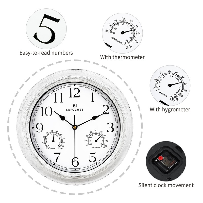 Lafocuse White Outdoor Wall Clocks Waterproof for Patio with Thermometer,