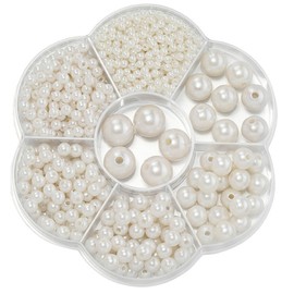 Arti-Cipes Resin Pearl Beads Round Hole DIY Materials Craft Supplies White Handmade Accessories 3/4/5/6/8/10/12mm 7 Sizes Approximately 890 Pieces with Case for Clothing Decoration, Sewing, Wedding Dress, Necklaces, Bracelets, Earrings, Crafts Decoration (Off-White)