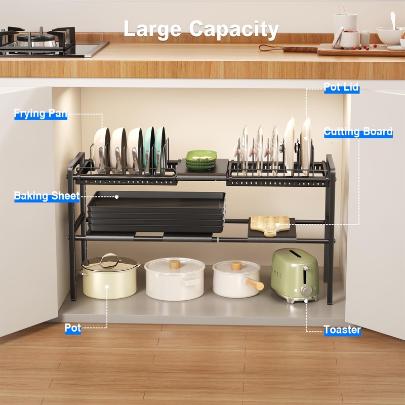 Mustorn Pots and Pans Organizer Under Cabinet, Expandable 2 Tier