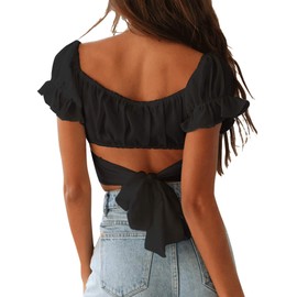 LYANER Women's Ruffle Short Sleeve Tie Up Back Crop Top Off Shoulder Bardot Blouse Black Small