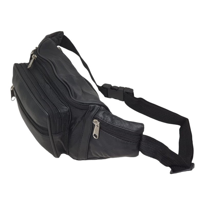 RAS Unisex Black Leather Large Travel Money Pouch Waist Bum