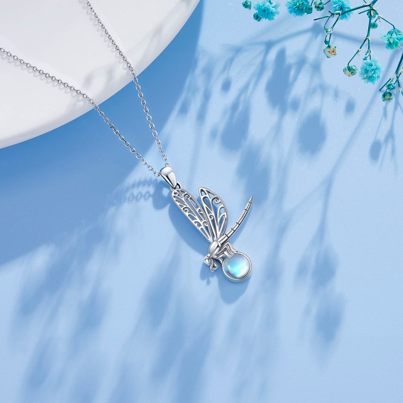VENACOLY Dragonfly Necklace 925 Sterling Silver Moonstone / Moss Agate