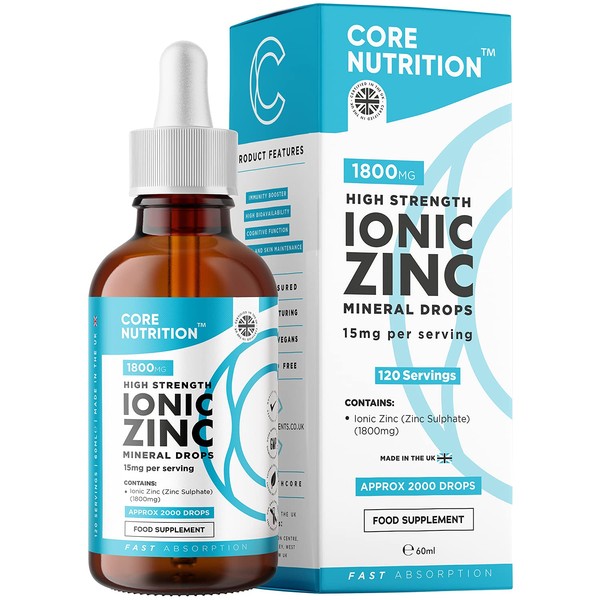 Ionic Zinc Liquid Drops - 60ml Glass Bottle - 120 Servings - High Strength 15mg - Boosts Metabolism & Supports Healthy Immune System - Made by Core Nutrition