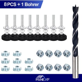 Panexf Adjustment Screws, Pack of 8 Furniture Feet, Adjustable Metal M8 x 85 mm, Adjustable Feet for Furniture, Adjusting Screw with Drive-in Nuts, Lock Nuts and Metal Drills