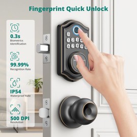 AkaGear Keyless Entry Door Lock, Fingerprint, Exterior Door Knob Handle, 2 Keys, Electronic Keypad, One-time Code, Smart Locks for Front Door, Auto-Lock, Easy Installation, Oil Rubbed Bronze