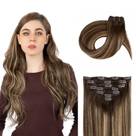 SoBeauty Clip in Hair Extensions Real Human Hair, Invisible Clip In Hair Extensions 100% Human Hair, Balayage Chocolate Brown to Caramel Blonde #4TP27/4 22Inch 120G 7PCS