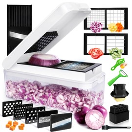 SUREWIN Vegetable Chopper, Onion Chopper Dicer, Mandoline Slicer, Food Chopper with Container, Vegetable Cutter for Salad Potato Carrot Garlic（9 Blades, White Black）