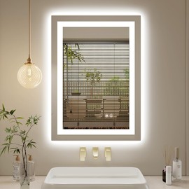 Voswdia LED Bathroom Mirror 20"x28" Inch Lighted Bathroom Vanity Mirror with Lights, Brighter Frontlit and Backlit Light up Anti Fog Mirror, Tempered Glass, 3-Color Dimmable, Memory Function