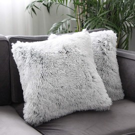 Uhomy 2 Packs Fluffy Plush Pillow Cover 18"x18", Luxury Gray Soft Fuzzy Faux Fur Throw Pillow Cover Cushion Case for Sofa Bed, Fall Winter Home Decorative Gray Ombre 45x45 cm Two Sides Fur