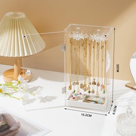 AEVIORA Soporte para Collar de Acrílico, Caja de Almacenamiento de Joyería de Acrílico Transparente, con 24 Ganchos Giratorios, Bandeja de Terciopelo, Pendientes, Collares, Almacenamiento de Anillos