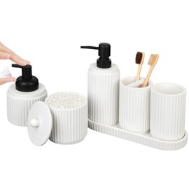 White Bathroom Accessory Set - 6 Pcs: Toothbrush Holder, Lotion & Foaming Soap Dispensers, Qtip Holder, Vanity Tray, Bathroom Tumbler, Countertop Organizer