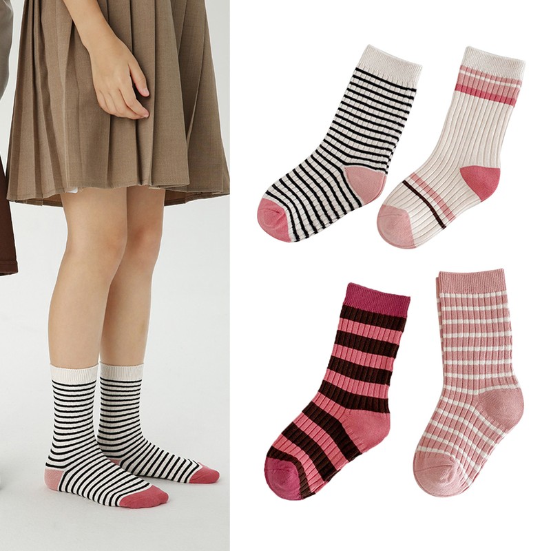 Kids Socks Mid Calf Striped Soft Breathable Combed Cotton Boys
