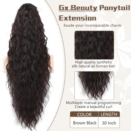 HH FASHION Claw Ponytail Extension 30 Inch Long Wavy Pony Tail Brown Black Synthetic Hairpiece Fluffy Natural Looking Clip in Hair Extensions for Women Daily Use