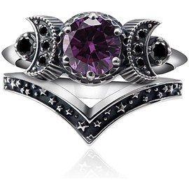 Fuqimanman2020 Wicca Pagan Triple Moon Godness Band Ring Set Purple Crystal Cresent for Women Wedding Engagement Promise Jewelry, Crystal Metal, Crystal
