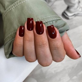 KQueenest Dark Red Press on Nails Medium Square, Burgundy Glue on Short Coffin Acrylic, Solid Color Fake Nails, Reusable False Nails for Women in 24 Pcs