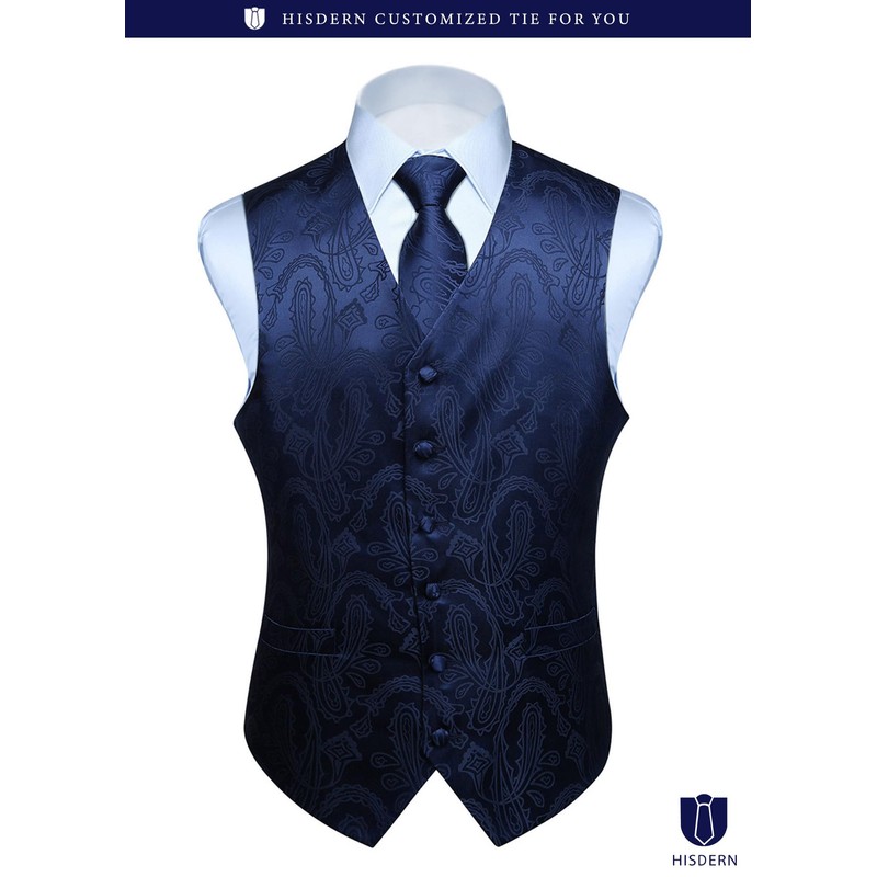 HISDERN Men's Suit Vest, Paisley, Necktie, Pocket Square, 3-Piece Set,