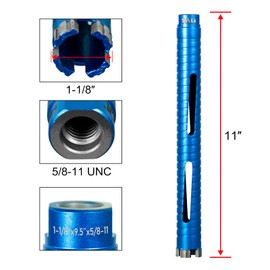 SALI Diamond Core Drill Bits 1 1/8" Diameter 10"/254mm Drilling Depth 5/8-11" Thread Core Bit Turbo Laser-Welded Segments for Cured Concrete with Rebar, Brick, Block, Masonry, Stone with Two Adapters