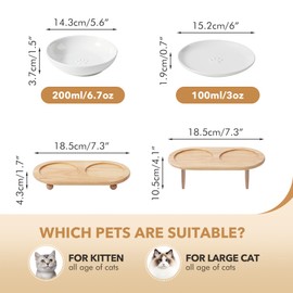 Havniva Raised Ceramic Wide Whisker Friendly Cat Dishes, Food& Water Bowl with 2 Style Stand Adjustable Raised Pet Bowl Set(2Dish+2Shallow Dish+Stand, White