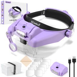 Dilzekui Magnifying Glass with Light, Magnifying Glasses for Close Work 1X-14X, Magnifier Headset with 2pcs Detachable Lights,Upgraded USB C Charge Built-in 500mAh Suit for Crafts Hobbies Cross Stitch