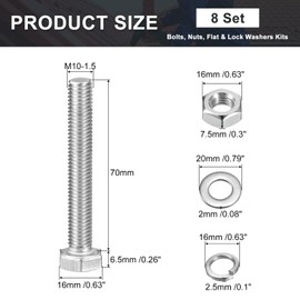 sourcing map M10 x 70mm Hex Head Screws Bolts, Nuts, Flat & Lock Washers Kits, 304 Stainless Steel Fully Thread Hexagon Bolts 8 Sets