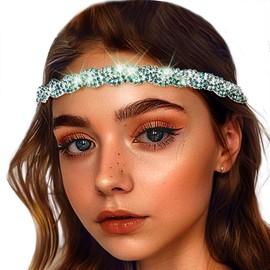 Elastic Head Chain Shiny Rhinestone Headband Women's Hair Band Vintage Metal Hair Band Elegant Head Chain for Women (Green, 45.5 cm)