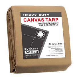 CARTMAN Finished Size 10x16 Feet Tan Canvas Tarp with Rustproof Grommets, 12 Oz Heavy Duty Multipurpose Tarpaulin Cover for Canopy Tent, Roof, Camping, Woodpile